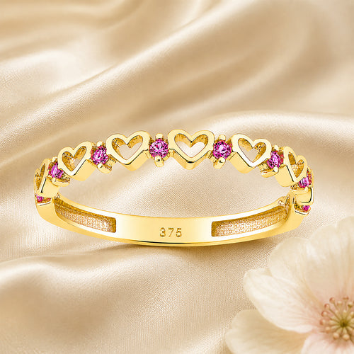 9ct Yellow Gold CZ Ruby Heart Eternity Ring