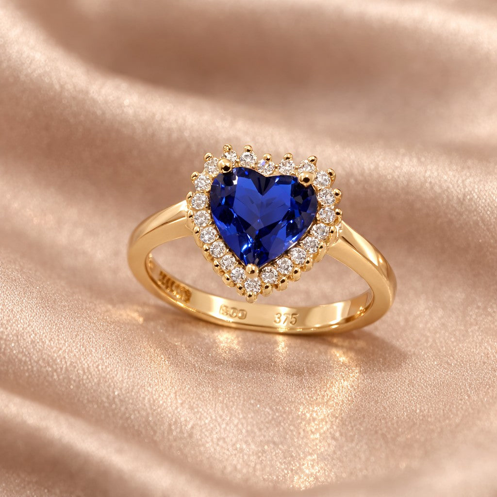 9ct Yellow Gold Cz Sapphire Heart Cluster Ring