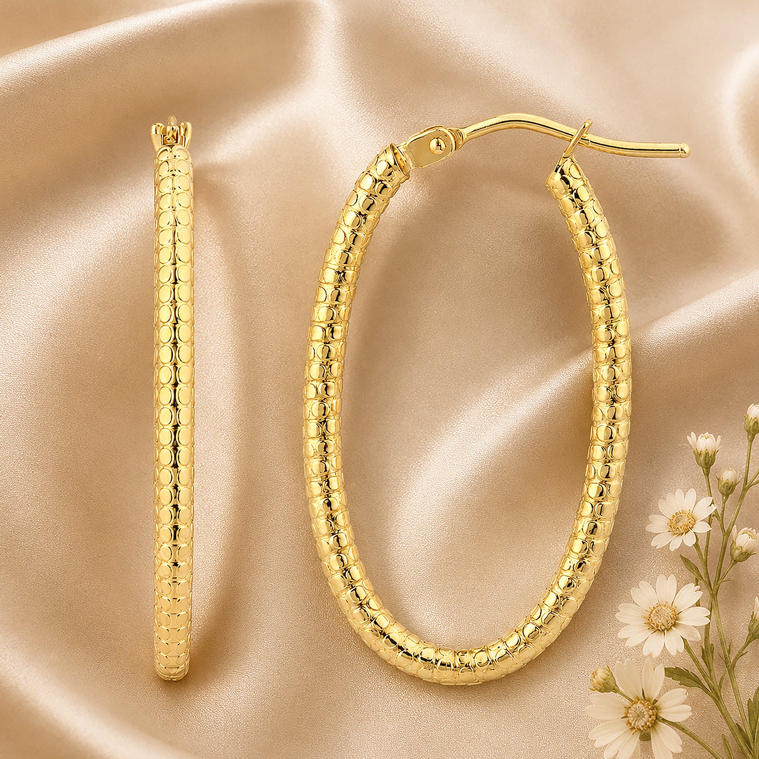 9ct Yellow Gold Diamond Cut Oval Hoop Earrings