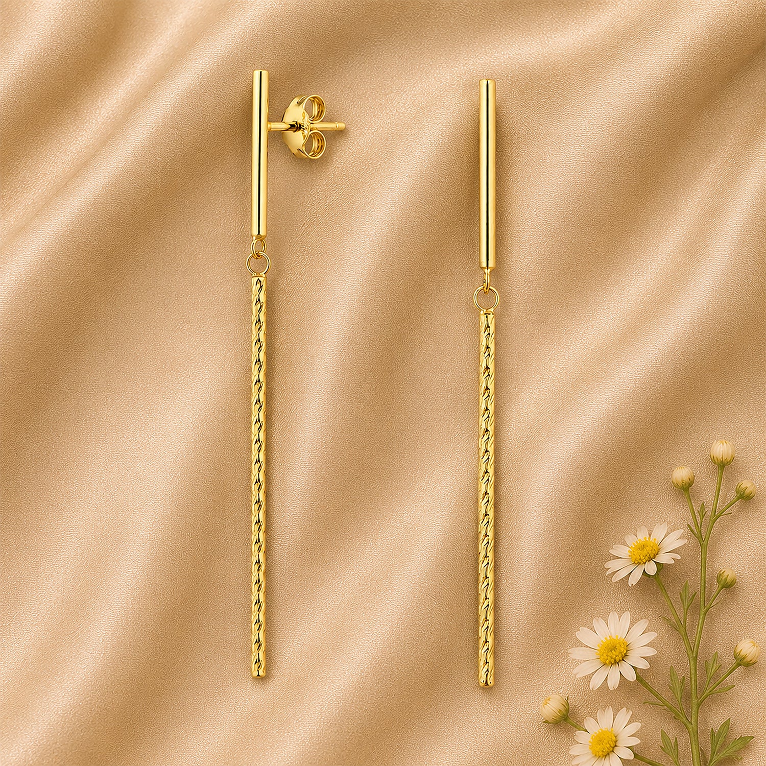 9ct Yellow Gold Diamond Cut Stick Drop Earrings