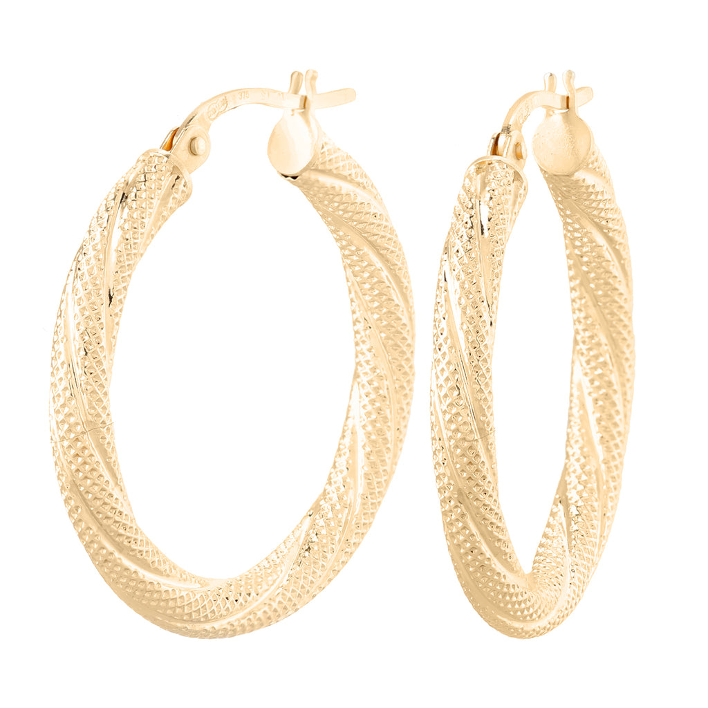9ct Yellow Gold Textured Diamond Cut Hoop Earrings