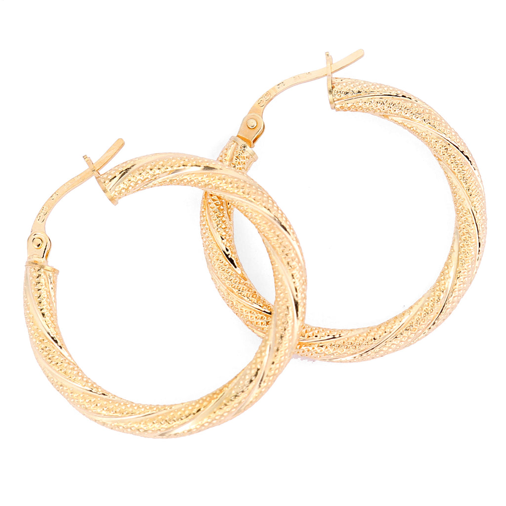 9ct Yellow Gold Textured Diamond Cut Hoop Earrings