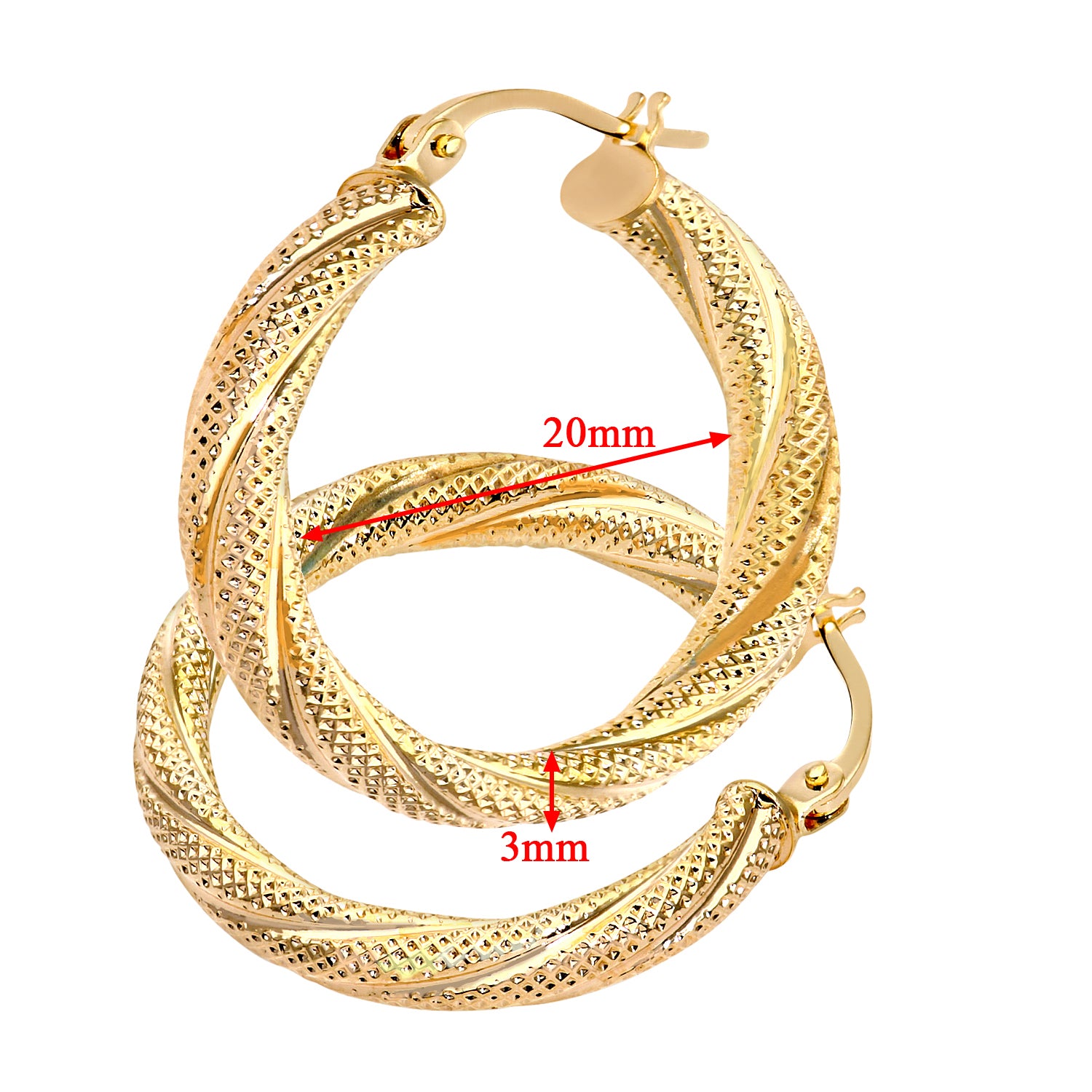 9ct Yellow Gold Textured Diamond Cut Hoop Earrings