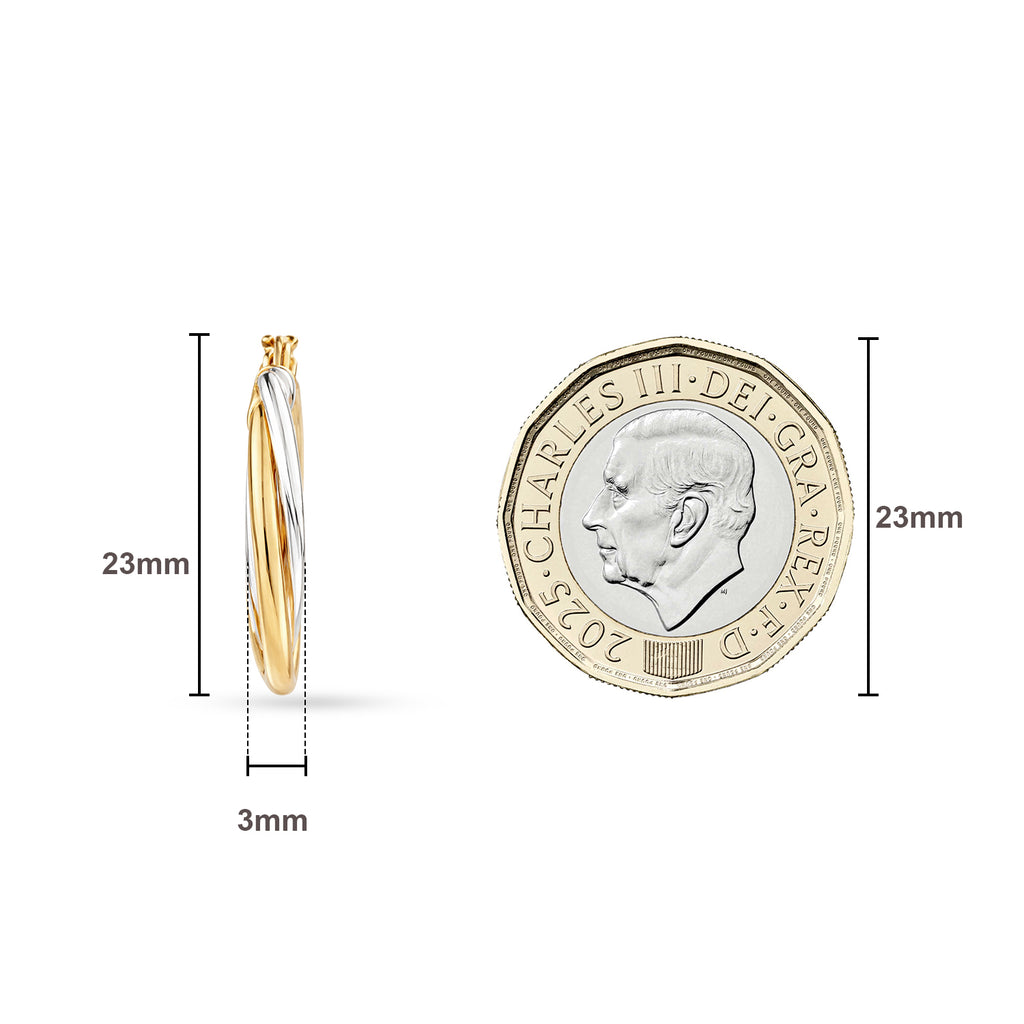 9ct Two-Tone Gold Twist Creole Hoop Earrings - 20mm