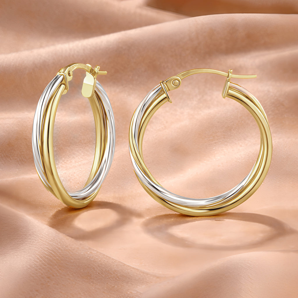 9ct Two-Tone Gold Twist Creole Hoop Earrings - 20mm