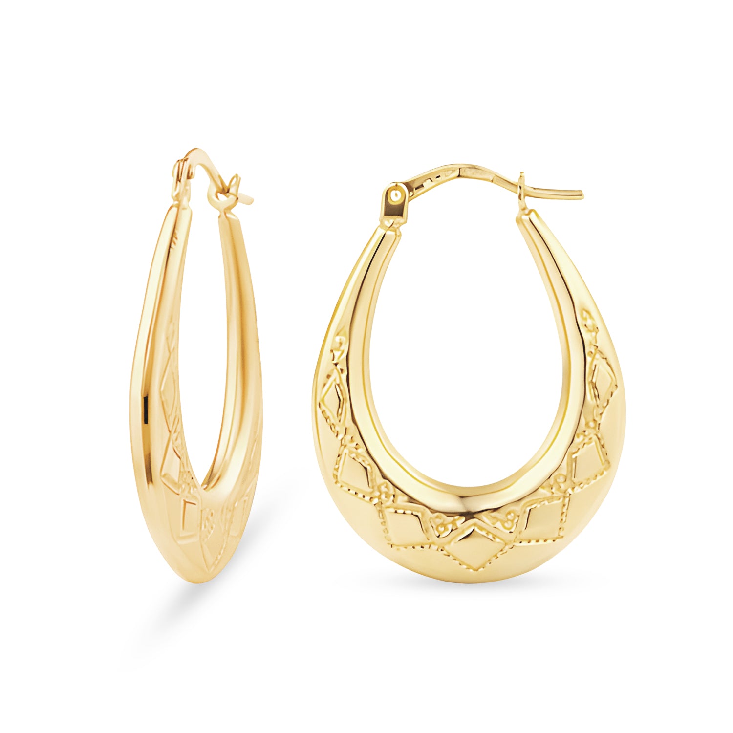 Vintage Engraved Creole Medium Hoop Earrings 9ct Gold | Prime Jewellery