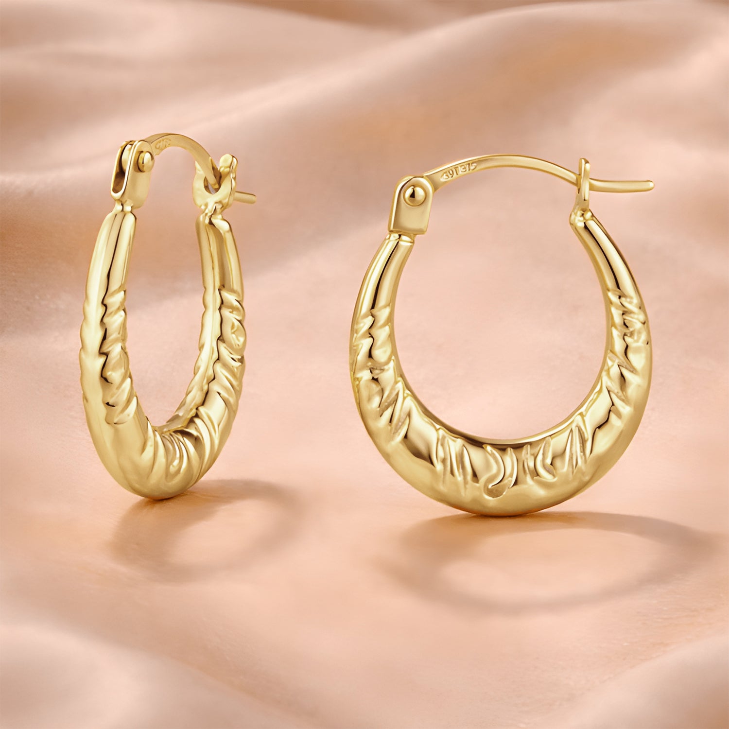 9ct Yellow Gold Creole Textured Hoop Earrings - 1.4 cm length