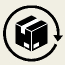 a delivery box icon with a circular arrow for returns logo, all in monochrome