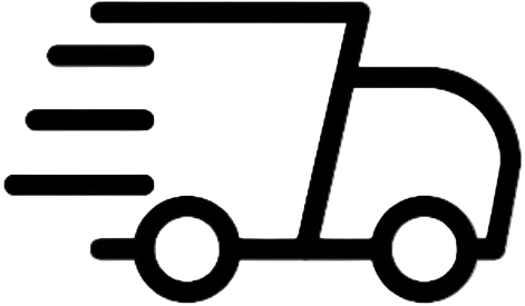 Black outline of a delivery truck with speed lines on a white background