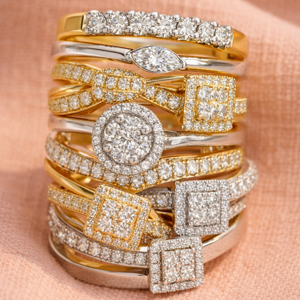 Stack of gold and silver rings with diamond accents on a peach background