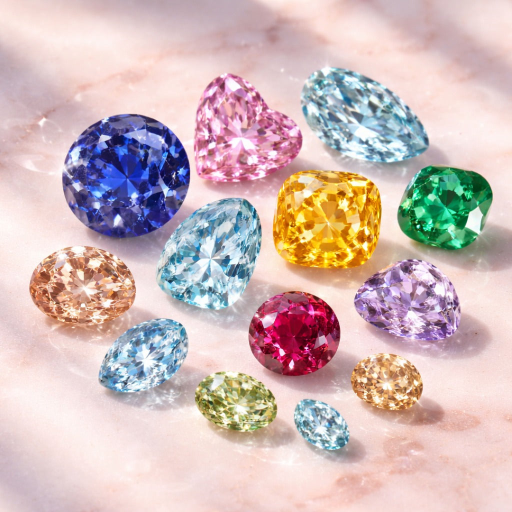 Collection of colorful gemstones on a light background