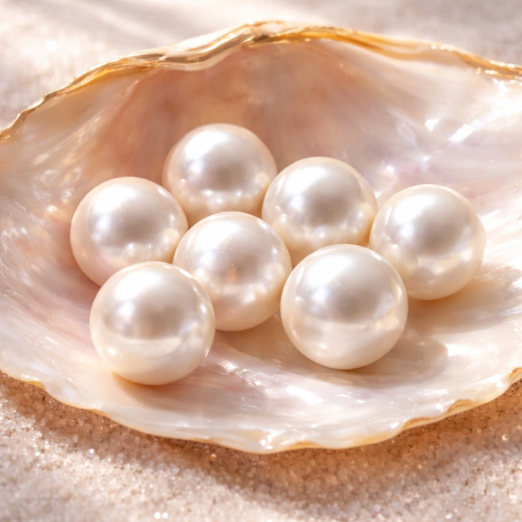 Pearls inside a shell on a sandy background