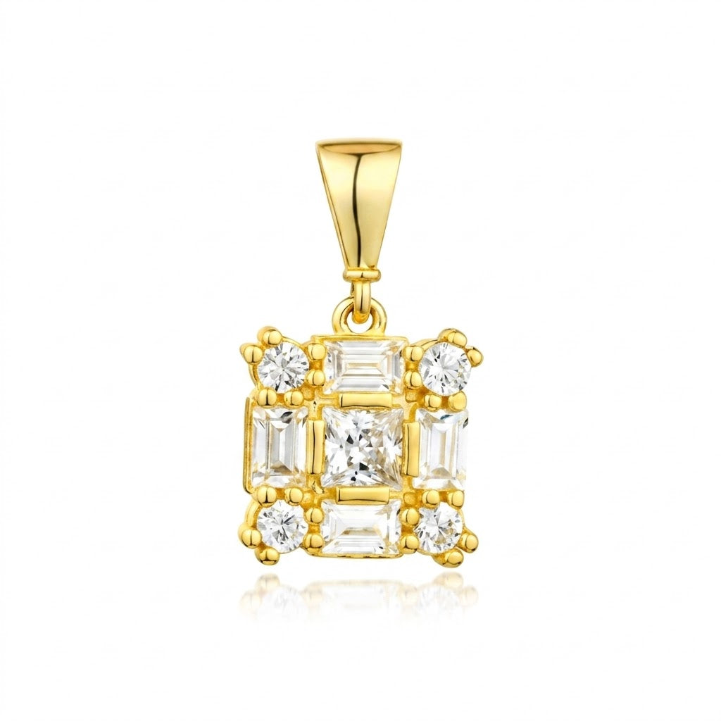 9ct Yellow Gold Cubic Zirconia Baguette Square Cluster Pendant